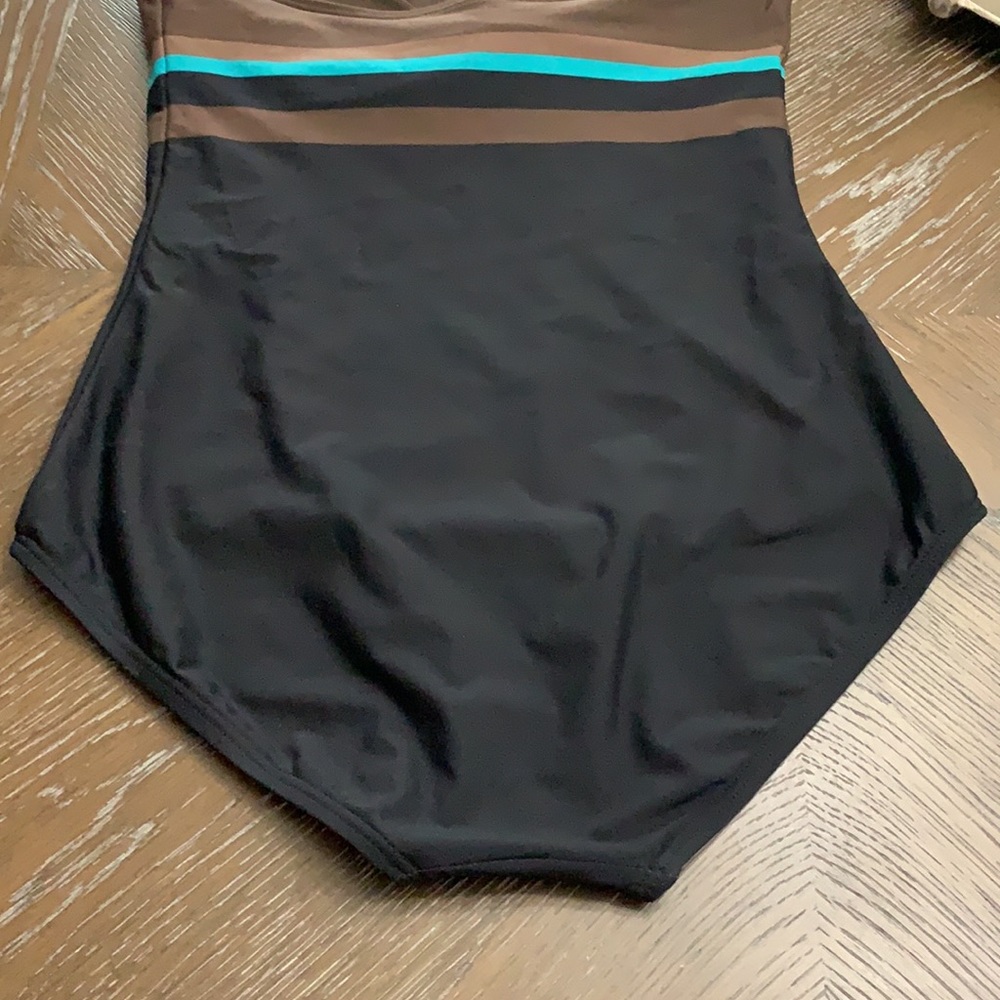 DKNY black, brown & teal striped one piece swimsuit halter Size M - Picture 13 of 17